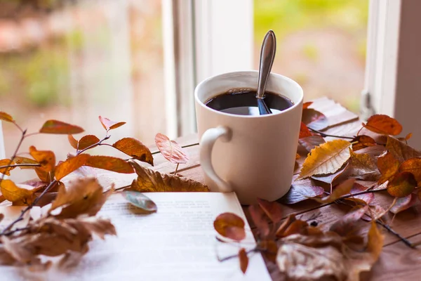 Autumn Autumn Leaves Hot Steaming Cup Coffee Old Book Grey — Stock Photo, Image