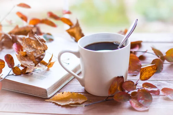 Autumn Autumn Leaves Hot Steaming Cup Coffee Old Book Grey — Stock Photo, Image