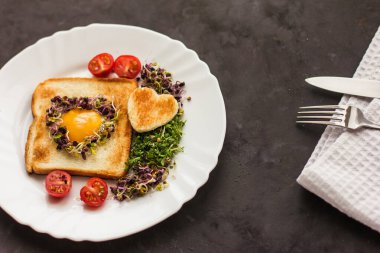 Ekmek şeklinde yumurta, mikroyeşillik, sağlıklı yemek kahvaltı, çay, siyah arka plan.