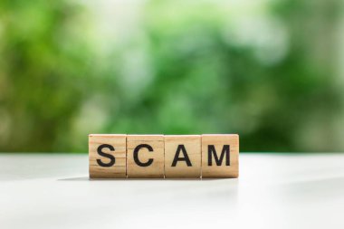 Yumuşak odak içinde yeşil yaprakların bir zemin karşı bir ışık tablosu üzerinde ahşap küplerin kelime dolandırıcılığı işareti