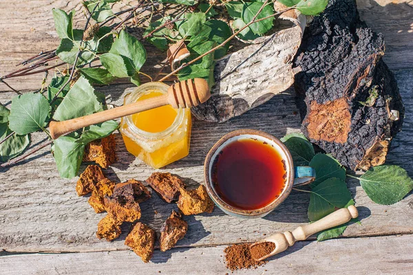 El té de chaga - un fuerte antioxidante, estimula el sistema inmunológico. Saludable natural puro. Champiñón Chaga salvaje, haciendo té, café y remedio a base de hierbas Fotos de stock