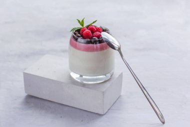 Podyumlarda böğürtlen soslu İtalyan panna cotta veya ürünler için kaidesi, taze ahududu ve frenk üzümü ve gri arka planda naneli, seçici odak noktası