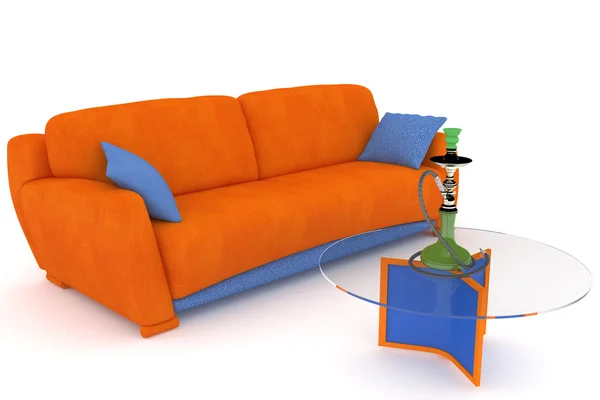 Blaues, orangefarbenes Sofa mit Wasserpfeife. — Stockfoto