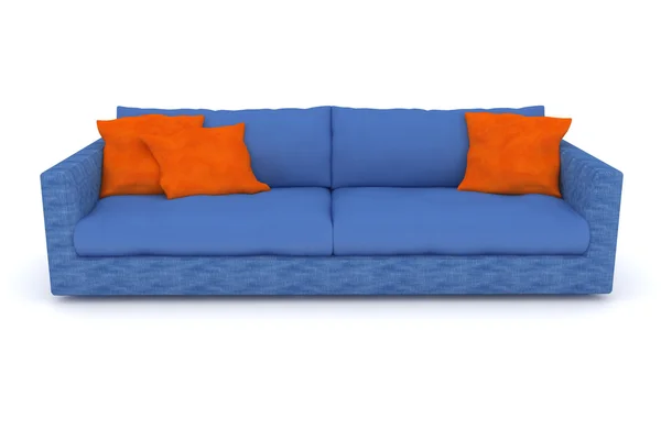 Blaues Sofa mit orangefarbenen Kissen — Stockfoto