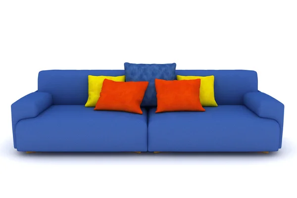 Isoliertes blaues Sofa mit bunten Kissen — Stockfoto