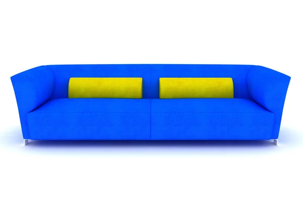 Sarı yastıkları ile izole mavi kanepe — Stok fotoğraf
