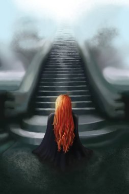 Stairway to heaven. The girl is meditating. Psychedelics. A mystery. Self-knowledge. Stairs to the top. A red-haired woman. clipart