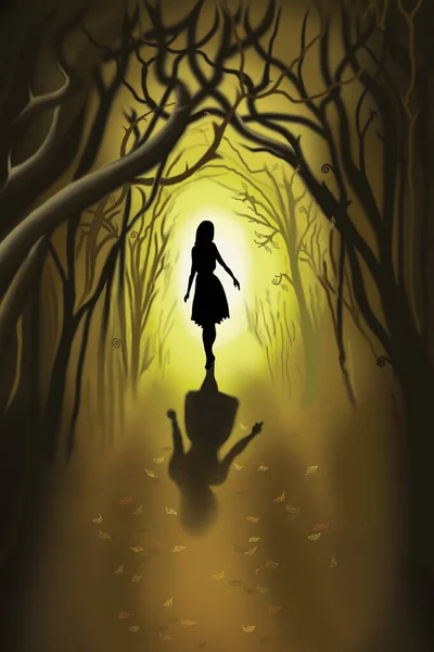 Girl Walks Woods Dark Forest Has Frightening Atmosphere Terrible Fairy — Stock Photo, Image