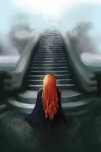 Lépcső Mennybe Lány Meditál Pszichedelikus Egy Rejtély Önismeret Fel Lépcsőn Stock Fotó