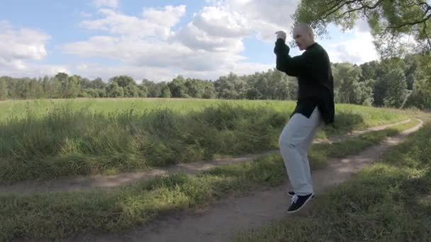 Der Mensch tritt mit einer Drehung. Kampfsport in der Natur — Stockvideo
