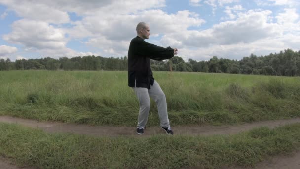 Chinese gymnastiek in de ochtend in het park in de natuur — Stockvideo