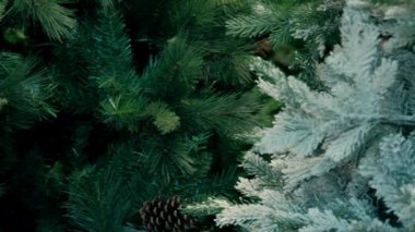 Yapay Noel ağaçları ve kırmızı ceketli gülümseyen kadın.
