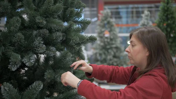 Mağazadan yapay bir Noel ağacı almak.