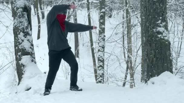 Mann tritt gegen Roundhouse und wirft Messer gegen Baum — Stockvideo
