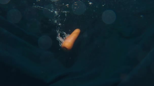 Epická mrkev prořezává vodní hladinu ve strmé rotaci. Koncepce zdravé výživy — Stock video