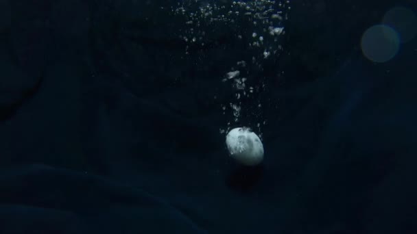 鸡蛋慢慢地掉进了水里.气泡上升了.背景黑色 — 图库视频影像