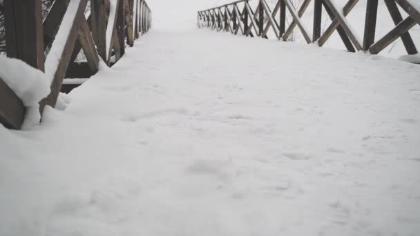 Statisk videoinspelning av en trä- snötäckt bro. Snöflingor faller ovanifrån — Stockvideo