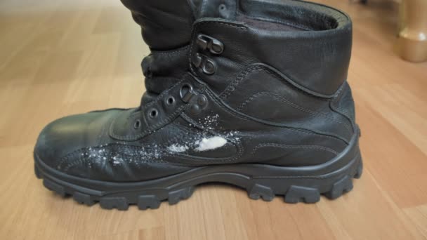 Man spuit schuim crème op winterschoenen en veegt ze af met een zachte doek — Stockvideo