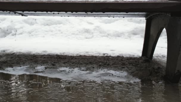 Park bänk närbild skott. Snö smälter och droppar faller från bänken i en pöl — Stockvideo