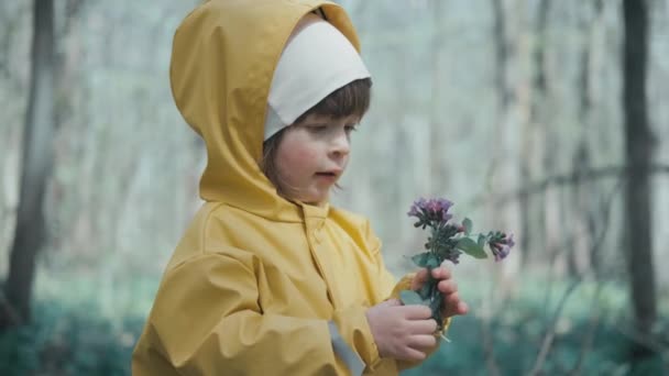 Kind in gele regenjas met kap staat in het bos en houdt lentebloemen — Stockvideo