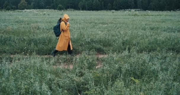 Homme en imperméable portant une hache et sac à dos marche à travers le champ — Video