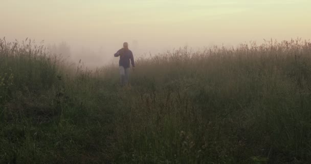 Junger Mann mit Cowboyhut geht im Nebel durch ein Feld und bewundert die aufgehende Sonne — Stockvideo