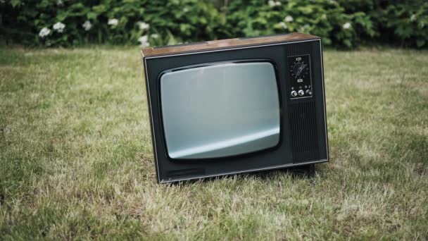 Eski bir retro televizyon çimlerin üzerinde duruyor. TV ekranında parazit var. — Stok video