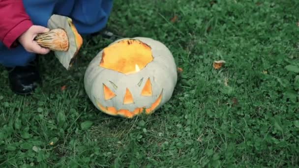 Kleines Mädchen in Jacke spielt mit glühendem Kürbis zu Halloween auf Gras im Park — Stockvideo