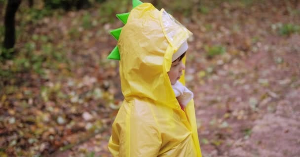 Um garoto em uma capa de crista de dinossauro caminha em um parque molhado e caído. Fechar tiro — Vídeo de Stock