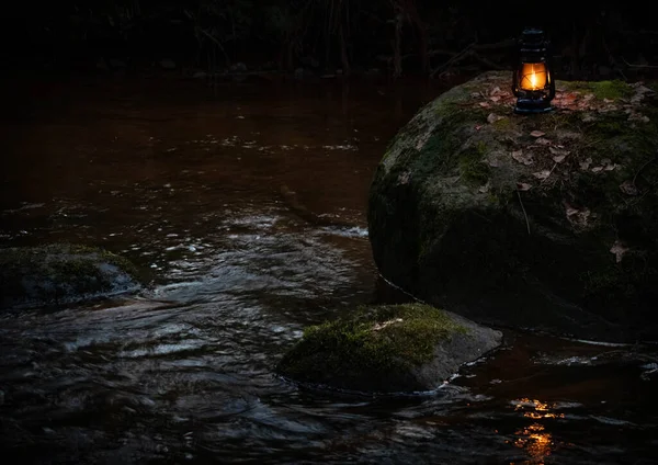 Una Lámpara Queroseno Bosque Oscuro — Foto de Stock