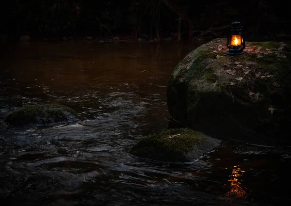 Una Lámpara Queroseno Bosque Oscuro — Foto de Stock