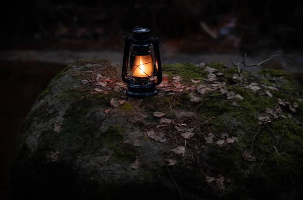 黑暗森林里的煤油灯 免版税图库照片