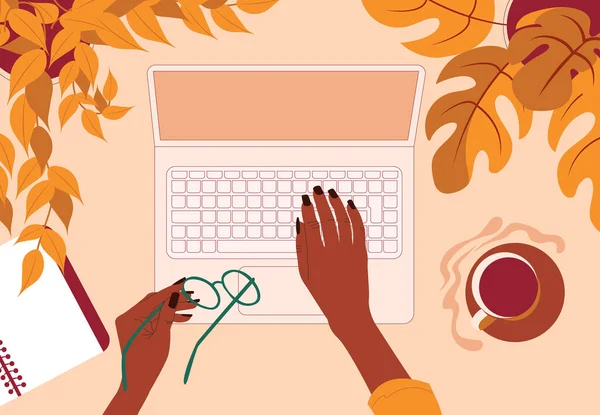 Frau Mit Laptop Ansicht Von Oben Herbstsaison Arbeiten Von Hause — Stockvektor