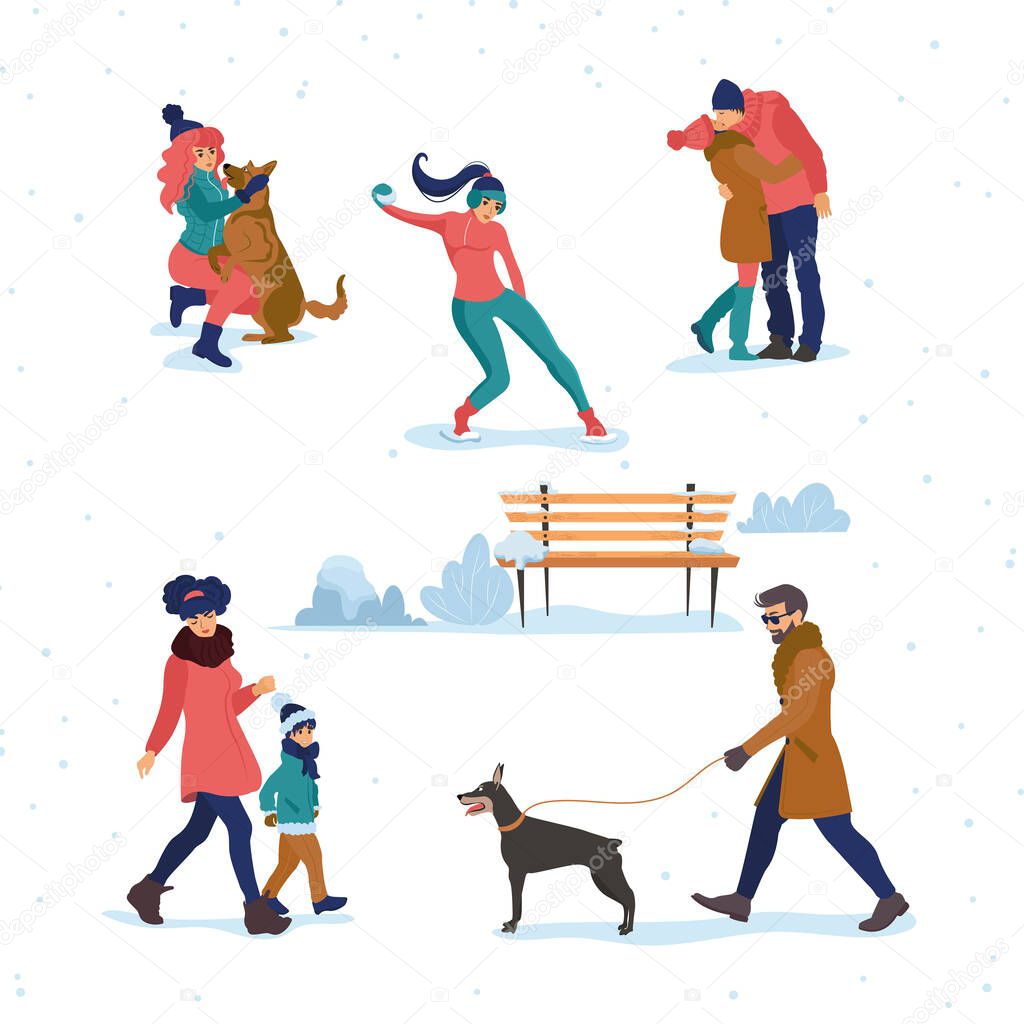 People outdoor in the winter park in outerwear isolated on white background. Vector illustration.