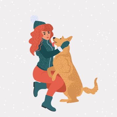 Genç bir kadın kışın köpekle yürür. Moda biçiminde izole edilmiş vektör illüstrasyonu.