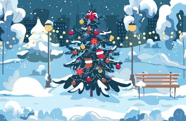 Vista Panorâmica Noite Inverno Uma Árvore Natal Parque Cidade Ano — Vetor de Stock