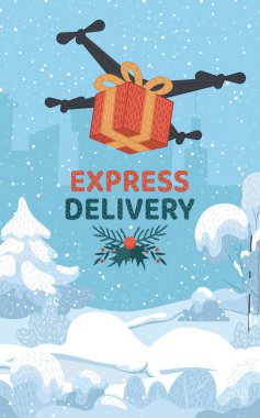 İnsansız hava araçlarıyla eve Noel hediyesi götürüyorlar. Kuadkopter kış parkının üzerinde uçuyor. Broşür, afiş ya da internet reklamı için. Konforlu vektör tatil illüstrasyonu.