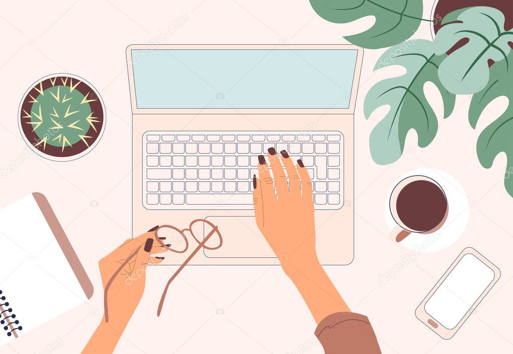 Working space. Top view. Young female freelancer working at her desk at home with coffee, mobile phone. Woman hands. Vector illustration