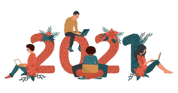 Щасливі Ділові Люди Працюють Ноутбуках Офісна Команда Новий Рік 2021 — стоковий вектор