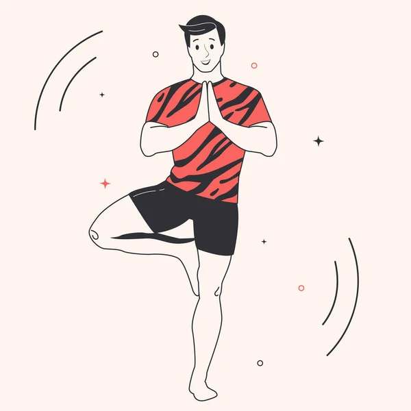 Hombre Está Haciendo Yoga Casa Iconos Línea Vector Moda Simple — Archivo Imágenes Vectoriales