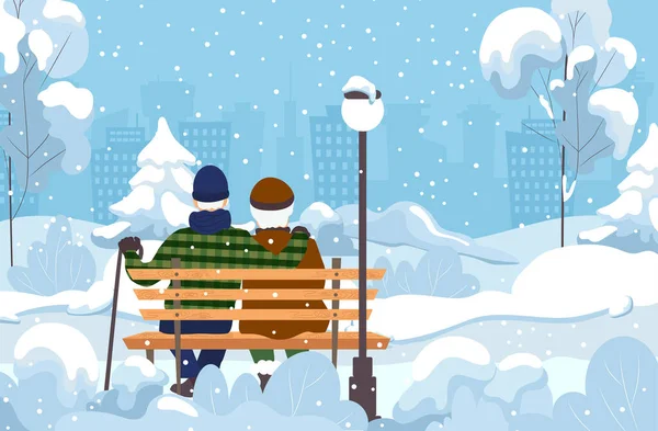 祖父と祖母は冬の都市公園のベンチに座っています 大人の抱擁と景色をお楽しみください ベクターイラスト — ストックベクタ