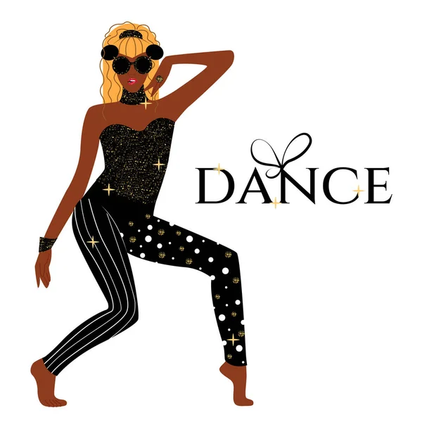 非裔美国女人跳舞 穿着金色亮片的迷人的时尚女孩 对于传单 矢量说明 — 图库矢量图片