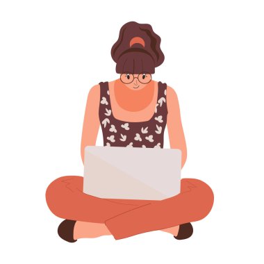 Serbest çalışan ya da öğrenci bir kız dizüstü bilgisayarın başında oturur. Beyaz arkaplanda izole vektör illüstrasyonu.