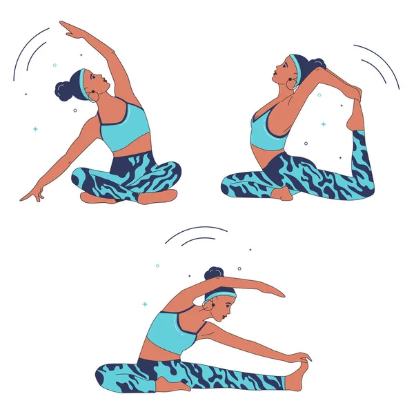 Conjunto Ilustraciones Chica Realiza Ejercicios Yoga Concepto Estilo Vida Saludable — Archivo Imágenes Vectoriales