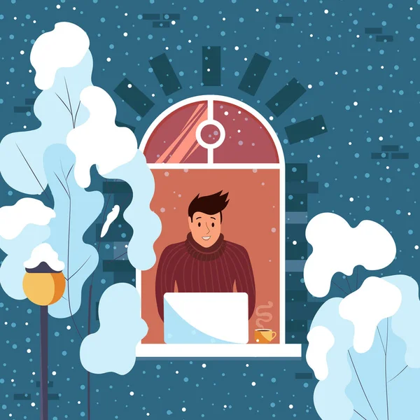 Άνθρωπος Που Εργάζεται Φορητό Υπολογιστή Στο Σπίτι Ανεξάρτητος Χειμώνας Έξω — Διανυσματικό Αρχείο