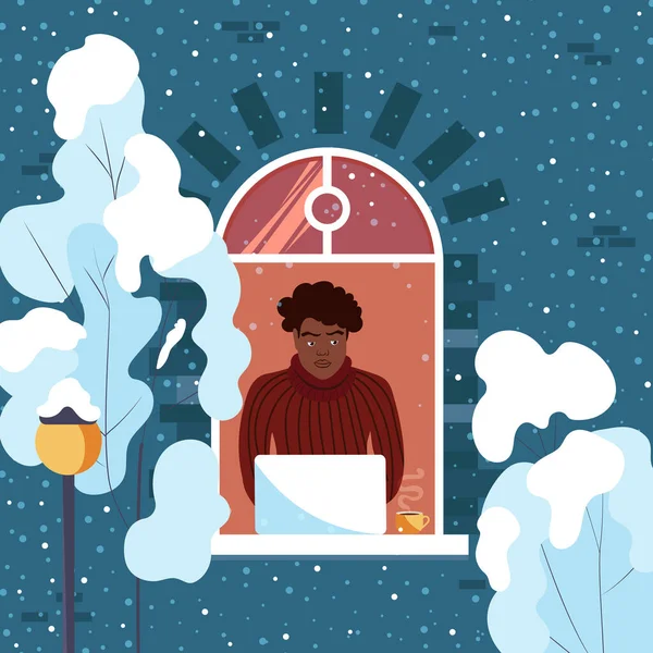 アフリカ系アメリカ人の男性が自宅のノートパソコンで働いている フリーランスの人 窓の外の冬 かわいいベクトルイラスト — ストックベクタ