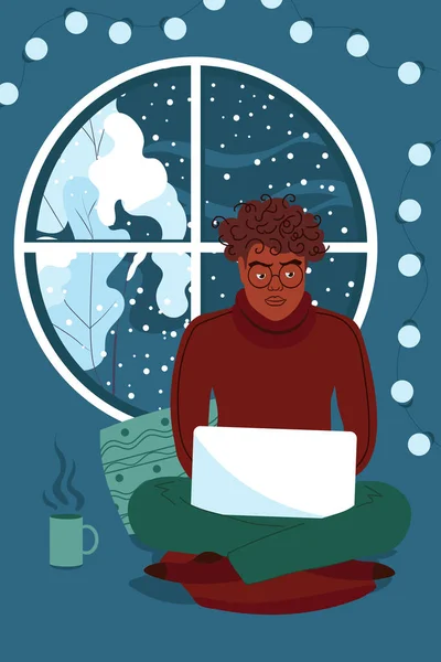 Σύγχρονη Coworking Space Ανεξάρτητος Αφροαμερικάνος Κάθεται Κοντά Στο Παράθυρο Και — Διανυσματικό Αρχείο