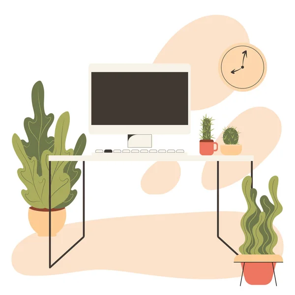 職場だ コンピュータはテーブルの上にあり 近くに家の植物があります 孤立した白い背景に居心地の良いベクトルイラスト — ストックベクタ