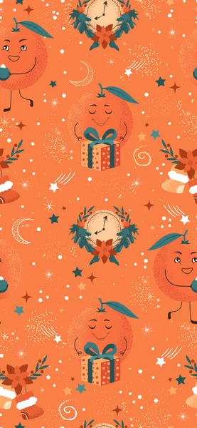 Nahtloses Neujahrsmuster Mit Mandarine Christbaumschmuck Uhr Geschenk Und Weihnachtsdekor Für — Stockvektor