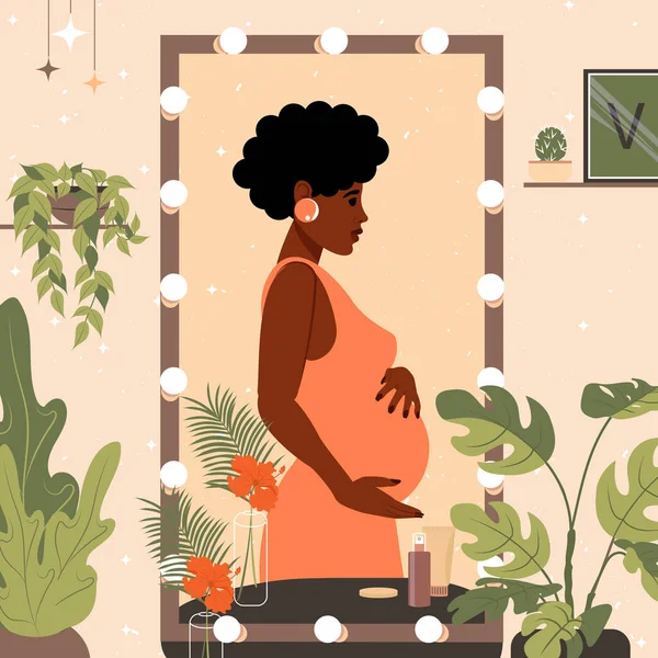 Moederschap Concept Zwarte Afro Amerikaanse Zwangere Vrouw Die Thuis Spiegel — Stockvector